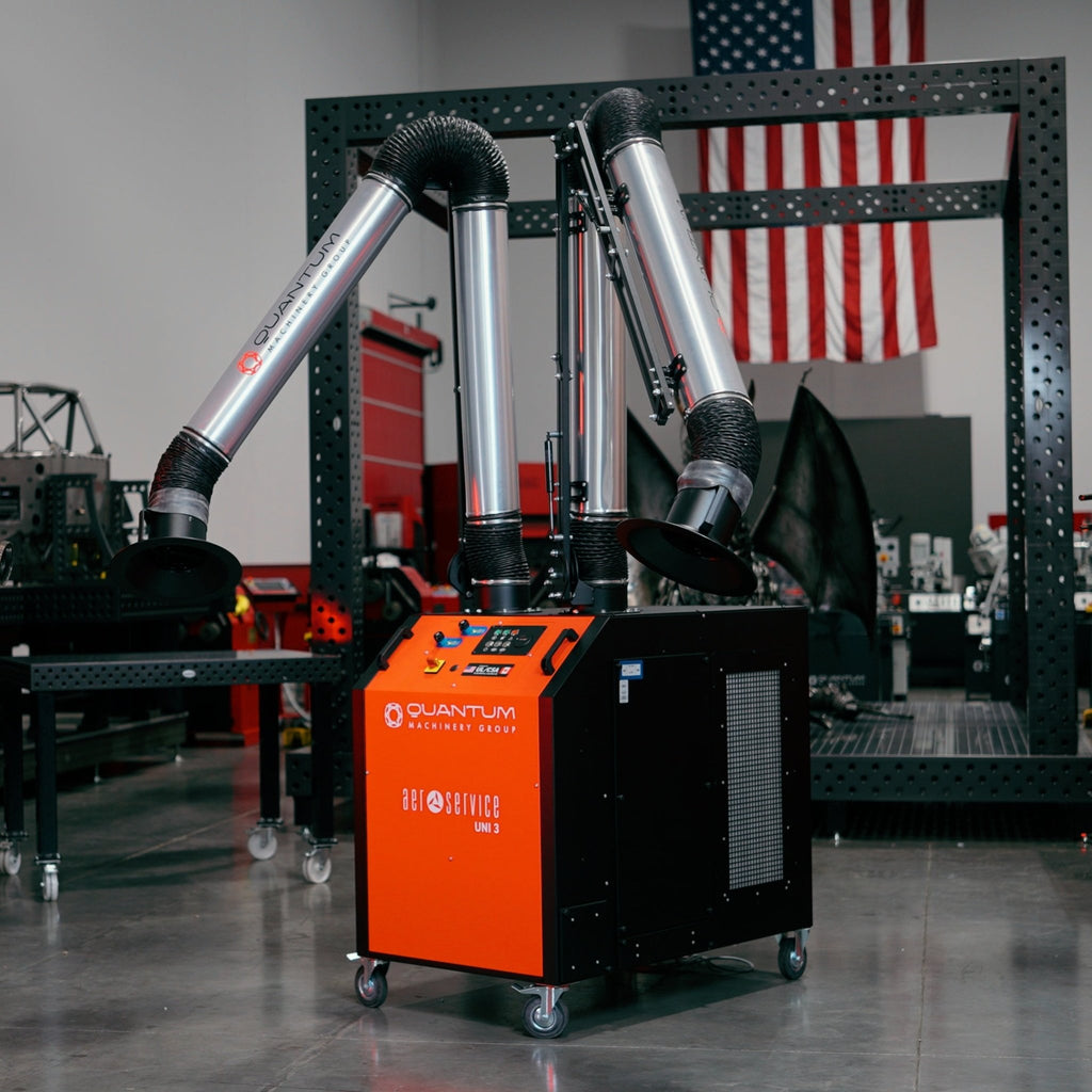 UNI 3.2.2 W3: Dual - Arm Self - Cleaning Mobile Filter Unit for Welding Fumes with 10' Aluminum Extraction Arms - Welding Fume Extraction Systems - Quantum Machinery Group - In Stock and Sold in the USA
