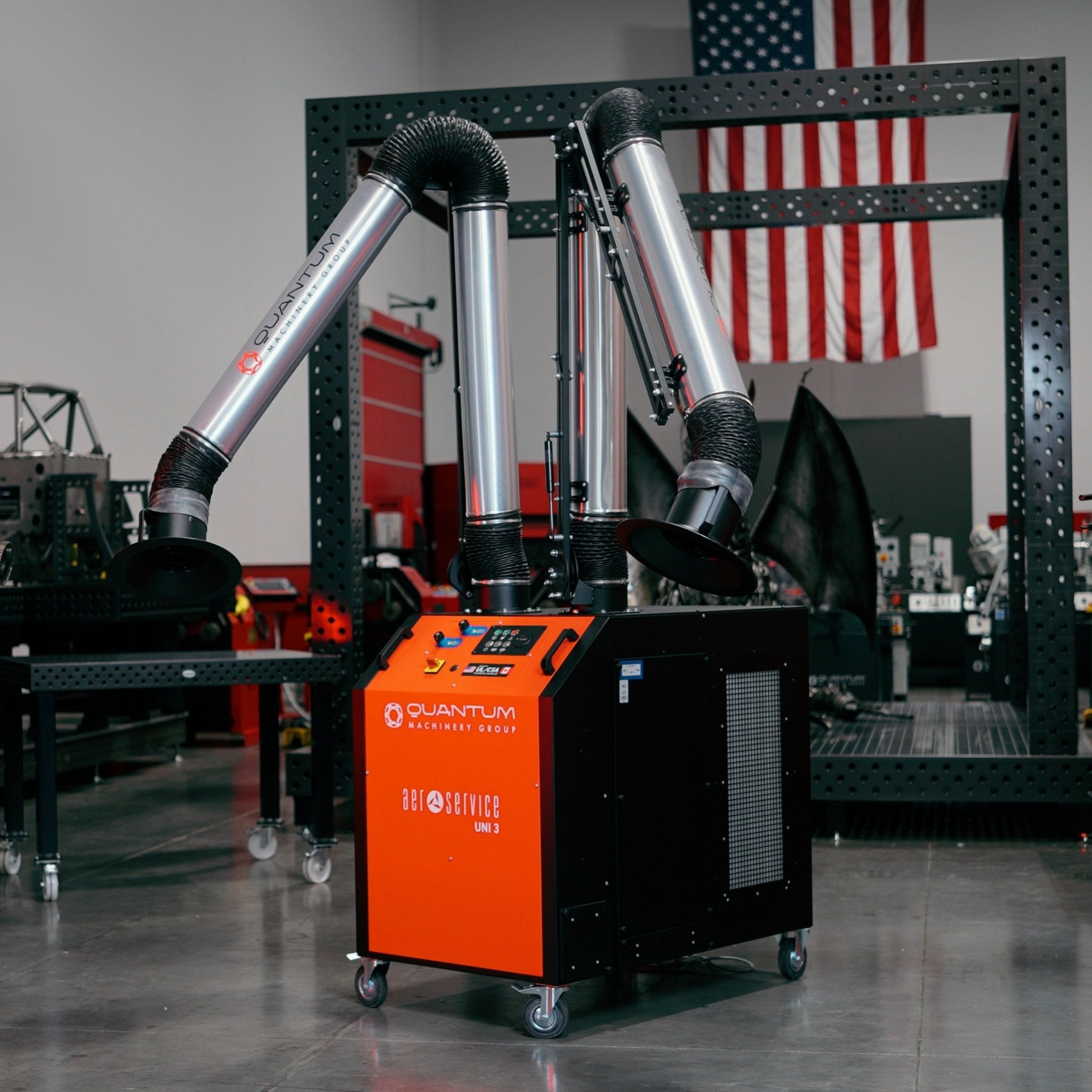 UNI 3.2.2 W3: Dual - Arm Self - Cleaning Mobile Filter Unit for Welding Fumes with 10' Aluminum Extraction Arms - Welding Fume Extraction Systems - Quantum Machinery Group - In Stock and Sold in the USA