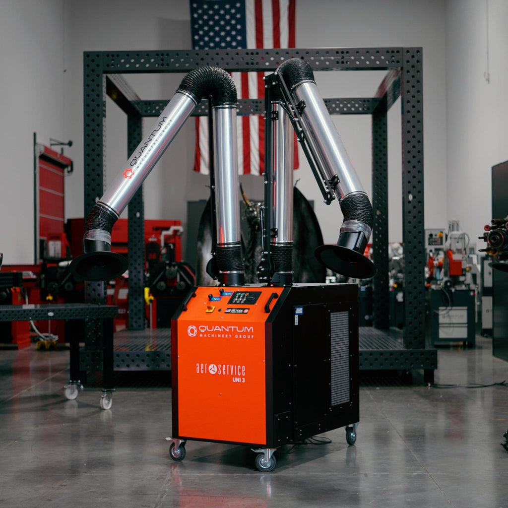 UNI 3.2.2 W3: Dual - Arm Self - Cleaning Mobile Filter Unit for Welding Fumes with 10' Aluminum Extraction Arms - Welding Fume Extraction Systems - Quantum Machinery Group - In Stock and Sold in the USA