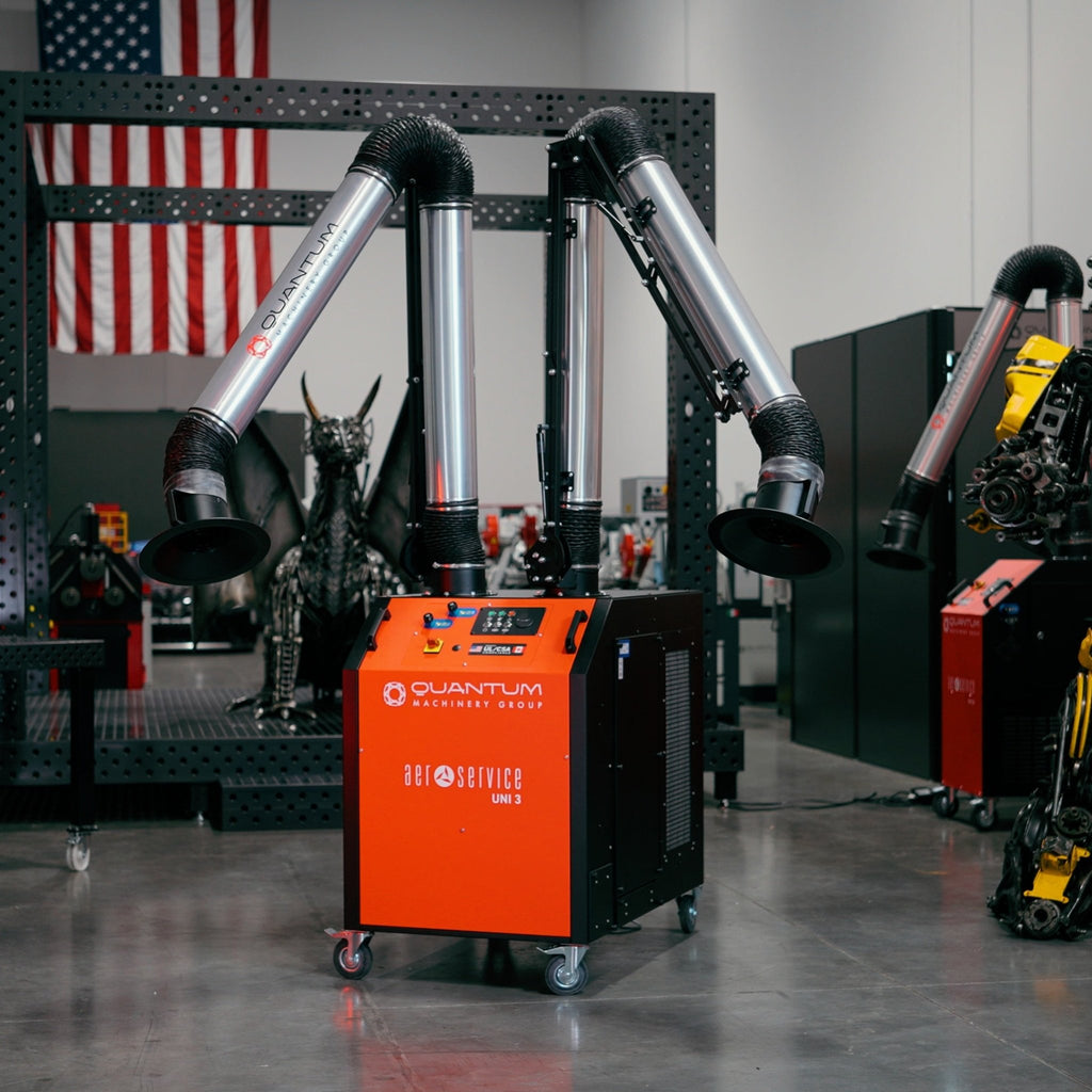 UNI 3.2.2 W3: Dual - Arm Self - Cleaning Mobile Filter Unit for Welding Fumes with 10' Aluminum Extraction Arms - Welding Fume Extraction Systems - Quantum Machinery Group - In Stock and Sold in the USA